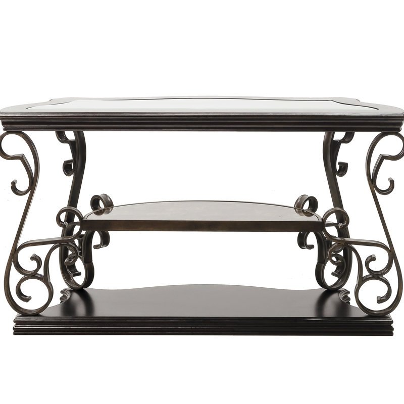 Superbe table - plateau en verre, tablette en marbre, pieds en métal robustes