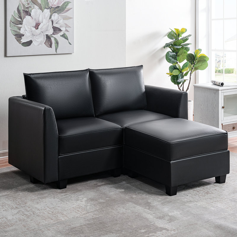 Canapé modulaire convertible en cuir avec méridienne réversible Rudwan, Similicuir noir