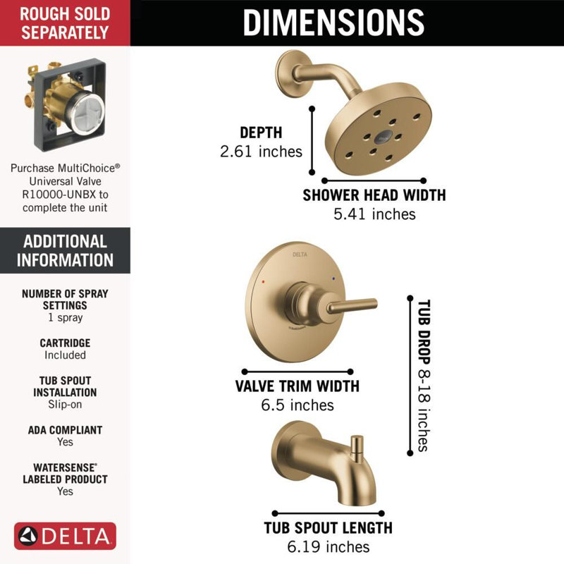 Trinsic 14 Series Single-Function Tub Shower Faucet Set, H2Okinetic Shower Valve Trim Kit, Brilliance Champagne Bronze