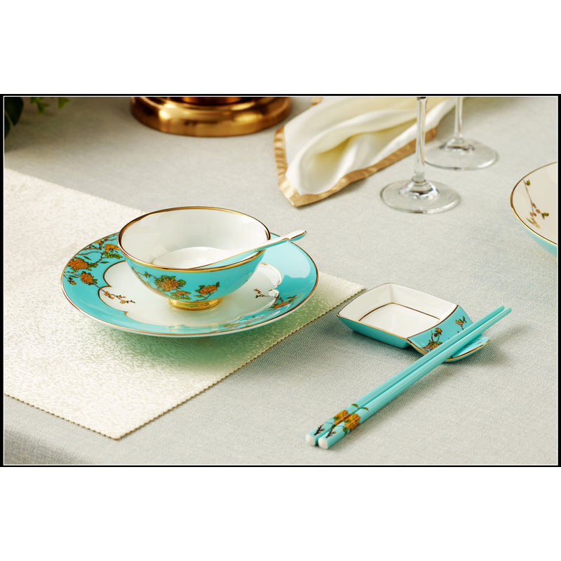 Service de table chinois 6 pièces Auratic, bleu lac et pivoine, vaisselle en céramique élégante et durable pour les occasions spéciales