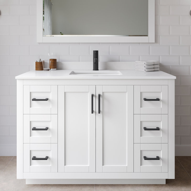Miranda 48" Freestanding Single Bathroom Vanity with Cultured Marble Top, White, White Cultured Marble, Matte Black