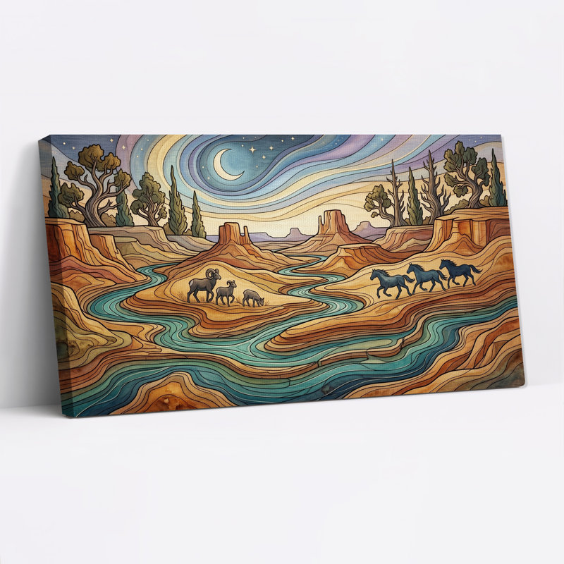 Tableau sur toile représentant un paysage de canyon stylisé avec des chevaux au galop, 46“W x 24”H