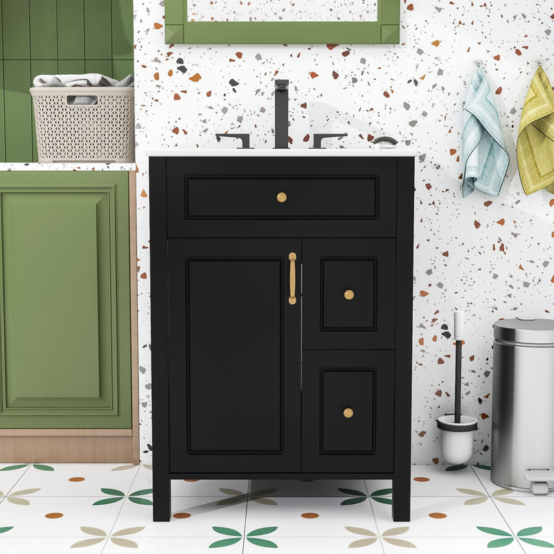 Modern Compact Freestanding Bathroom Vanity with Ceramic Sink, Soft-Close Door and Storage Drawers, Black