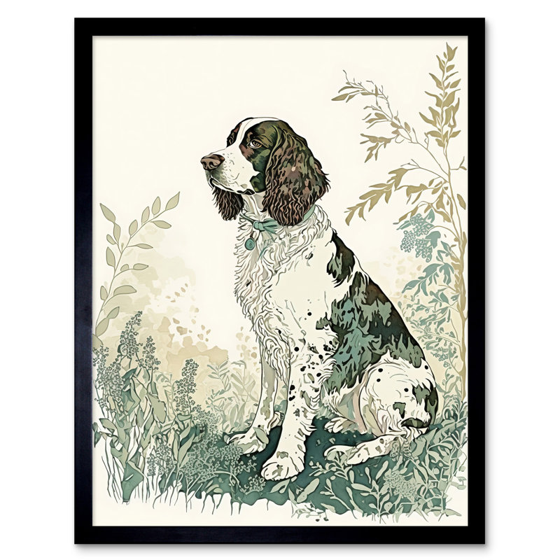 English Springer Spaniel Dog in Field Modern Pastel Watercolour - Picture Frame Rectangle Print