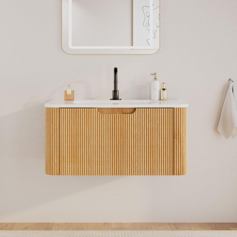 Meuble-lavabo mural simple flottant 30 po avec comptoir en céramique, Tiroir à poignée encastrée, 30"