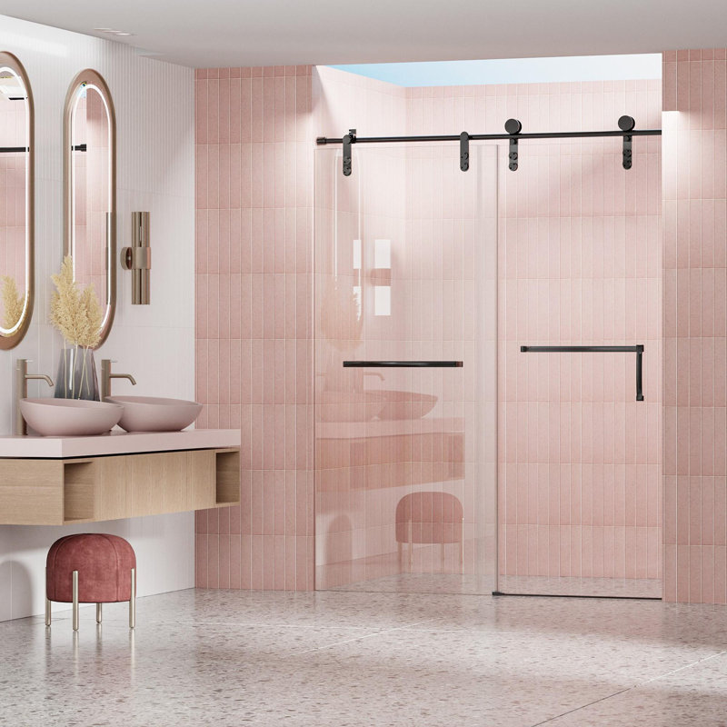 Porte de douche coulissante simple en verre trempé transparent sans cadre, Noir mat