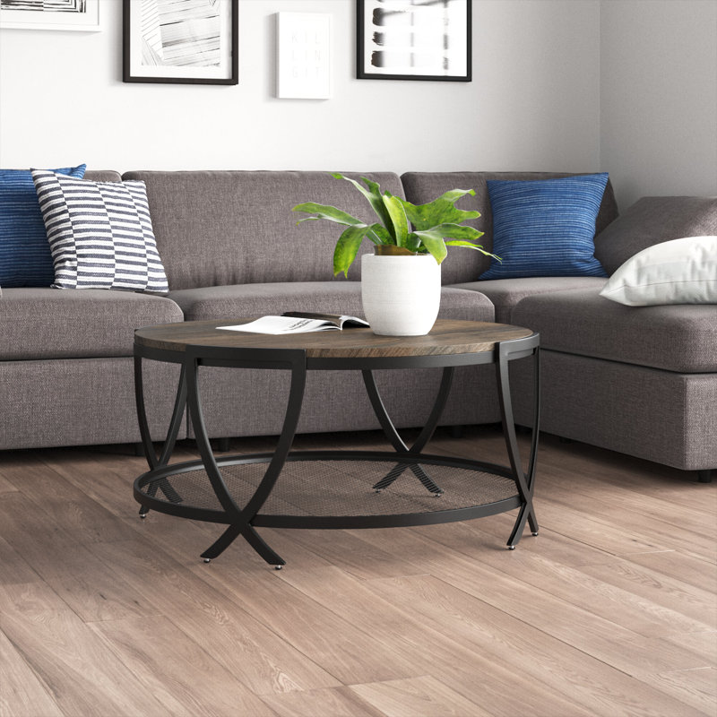 Aumiller 34" Round Coffee Table with Open Storage and Cross Metal Legs, Wood, Rustic Brown