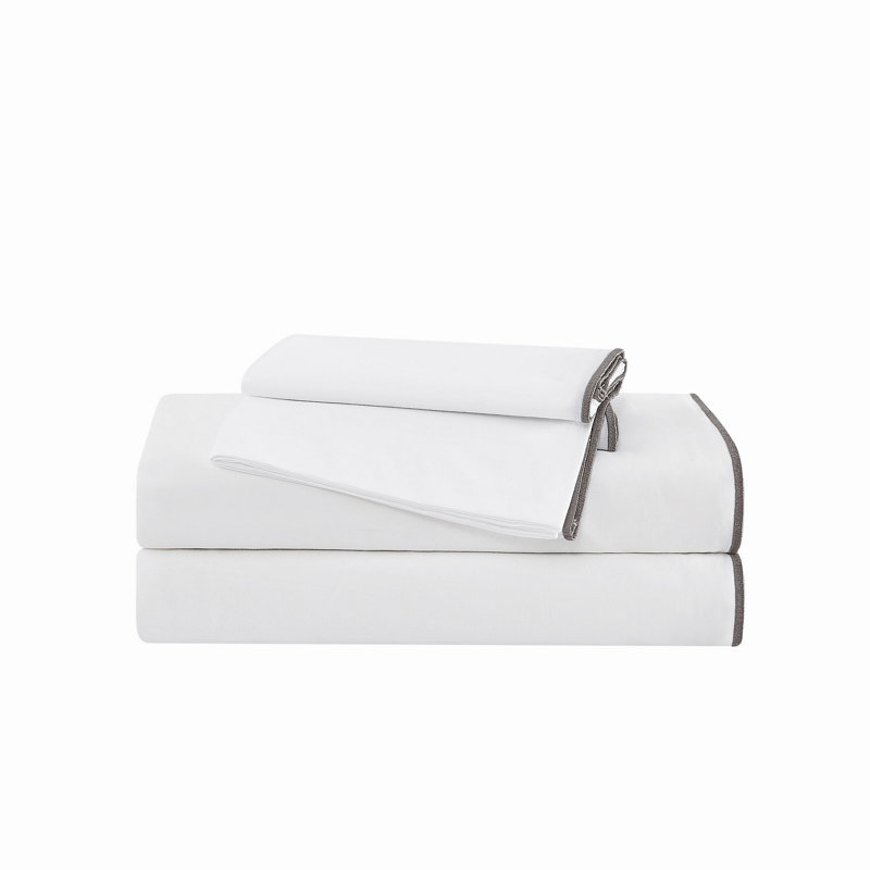 Brooklyn Loom Merrowed Edge 200 Thread Count Percale Sheet Set, King Sheet Set with 2 Pillowcases, White/Gray