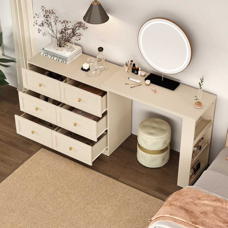 Extendable Makeup Vanity Desk With 6 Drawers, Beige