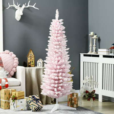 Arbre de Noël artificiel enneigé 5 pi, arbre de Noël mince avec branches réalistes et base en plastique pour décoration d'intérieur, rose