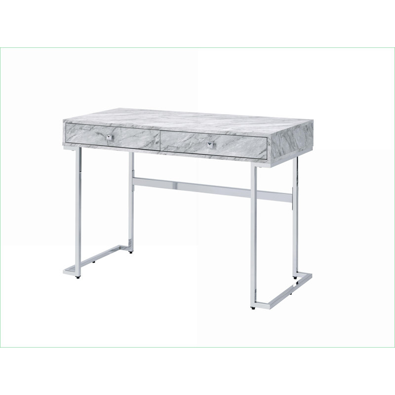 Bureau, bureau moderne en faux marbre blanc avec finition chromée & amp; 2 tiroirs de rangement | Blanc | Faux marbre