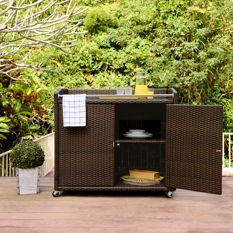 Outdoor Portable PE Rattan Serving Rolling Bar Cart with Storage Shelves, Glass Top, and Locking Wheels