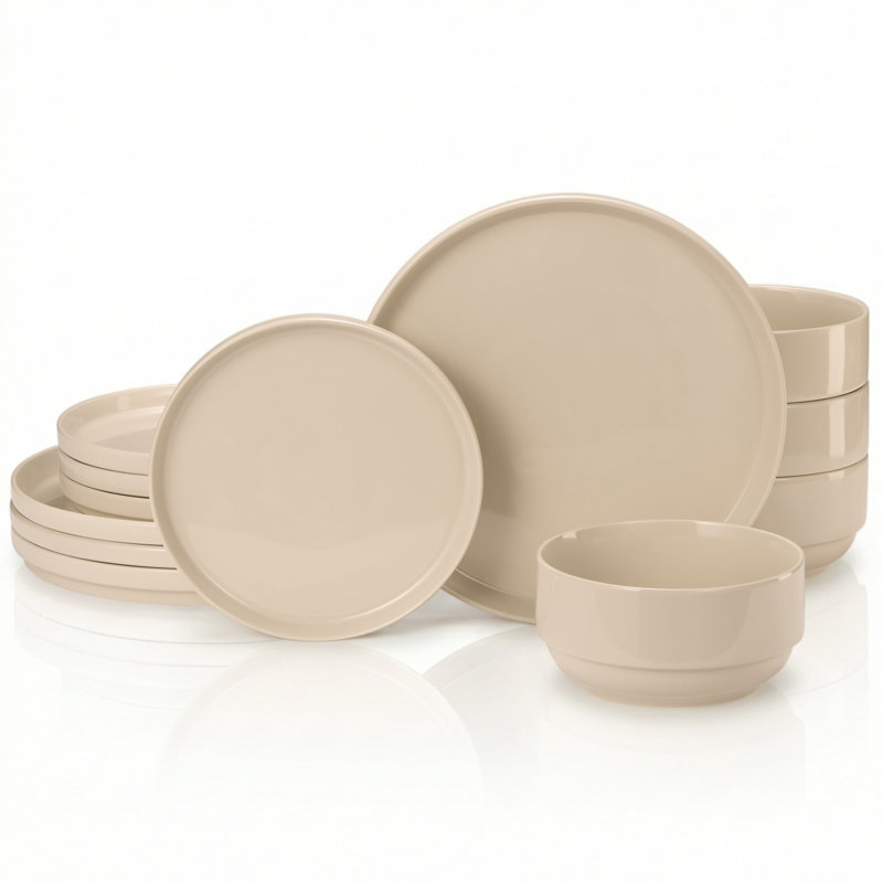 Dinnerware Set, 12 Piece Service for 4, Ceramic, Cambridge Classics, Sand
