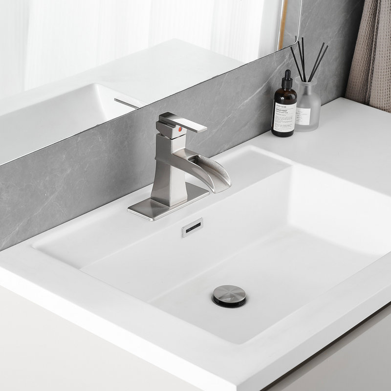 Sink Faucet With Deck Plate Waterfall Brushsed With Pop Up Drain And Supply Lines Bathroom Faucets For Sink 1 Hole One Handle Faucets Vanity Bath Mixer Tap