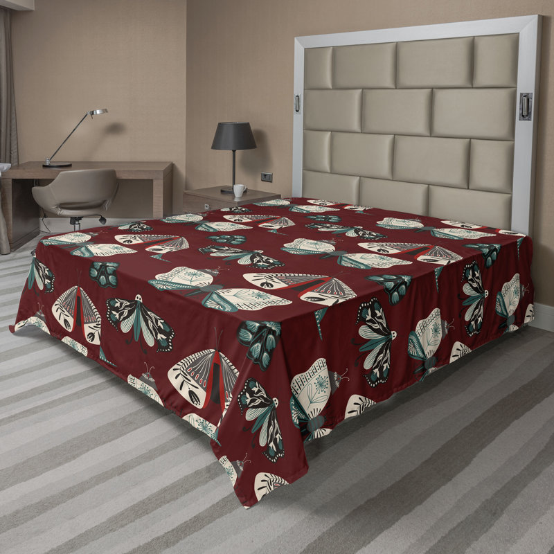 Ambesonne Flowers Flat Sheet Nostalgia Farmhouse, Burgundy Cadet Blue Beige