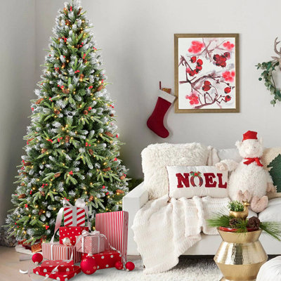 Arbre de Noël 7 pi avec 450 lumières DEL blanc chaud - 2178 branches en PE + PVC, baies rouges et pommes de pin, conception à charnières, support en métal stable - décoration de Noël réaliste