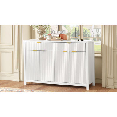 Modern Wave-Pattern Sideboard Cabinet With 2 Drawers And 4 Doors, 3-Level Adjustable Shelves, Aluminum Arc Handles, Scandinavian Style, 3 Colors, Suitable For Entryway, Living Room, Foyer
