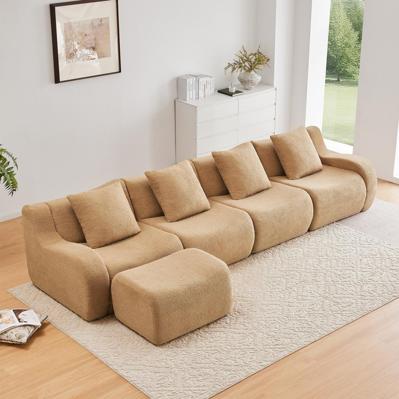 Canapé en L sans siège à 4 places, tissu en peluche sans assemblage requis, accoudoir incurvé, conception antidérapante, méridienne d'assemblage, aspirateur à compression haute densité 32D, Formes pour salons, Camei