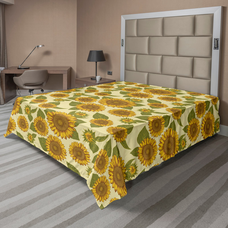 Drap plat Ambesonne Orient, Drap plat pour très grand lit californien, Jaune, beige, vert / floral