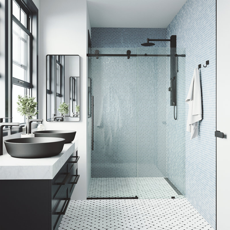 Elan E-Class 44-48" W x 76" H Sliding Frameless Shower Door with 3/8" Clear Glass, Matte Black