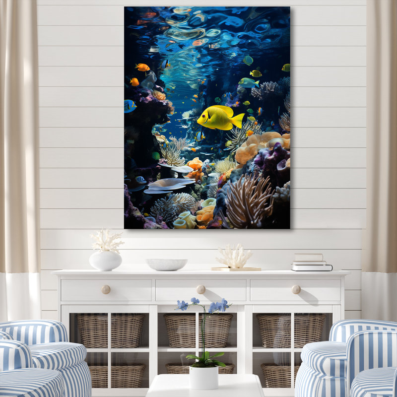 «Blue Butterfly Fish Marine Grace», art mural poisson papillon, Toile tendue, H 32 po x l 24 po x P 1 po