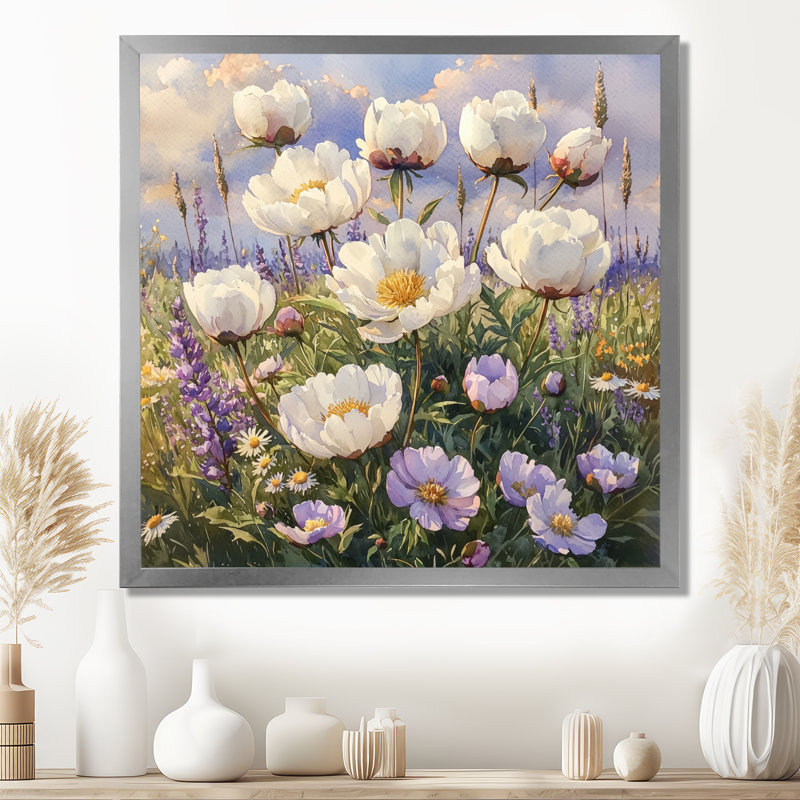 Pivoines dans le champ de fleurs sauvages III - pivoines, art mural, Argent argent, H 30 po x l 30 po, Picture Framed