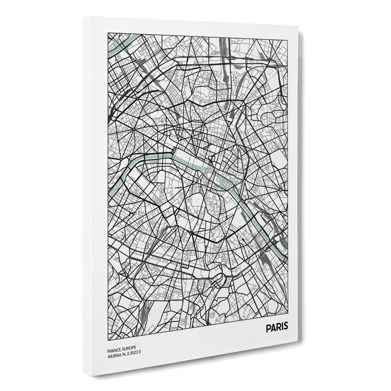 Map Paris France - Wrapped Canvas Print, 60cm H x 40cm W x 3cm D