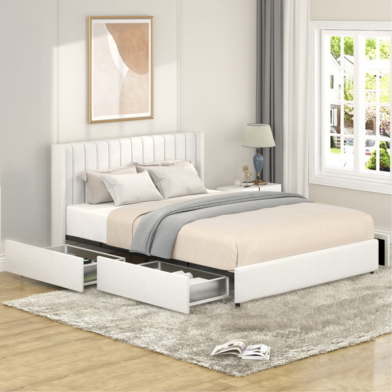 Grand lit plateforme tapissier ivoire avec rangement à 4 tiroirs breveté, tête de lit capitonnée, sommier à lattes en bois, aucun sommier nécessaire