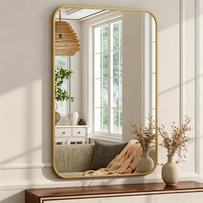 Modern Rectangular Wall Mirror With Gold Frame, 26X38 Inch Rounded Corner Bathroom Vanity Mirror, Horizontal Or Vertical Mounting For Home Decor