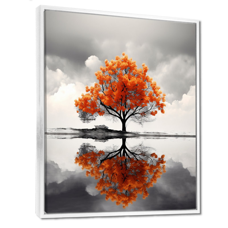 Arbre d'automne orange seul dans le lac - arbre, décoration murale, Cadre flottant blanc, bois massif, H 32 po x l 24 po
