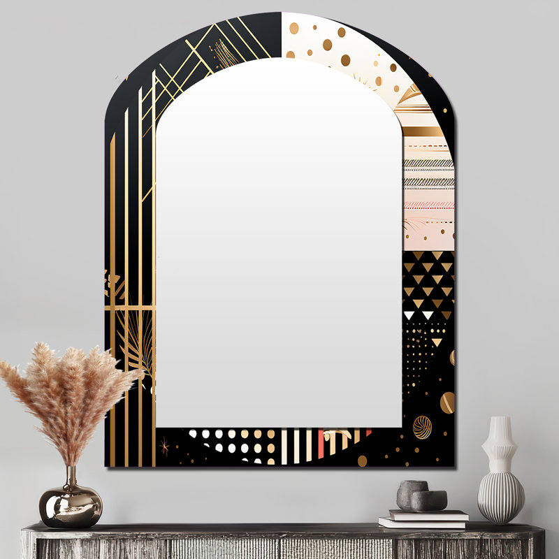 Golden Geometric Glam Full Moon II - Geometric Asymmetrical Large Mirror, Modern Arch Decorative Wall Mirror, Printed Metal Art