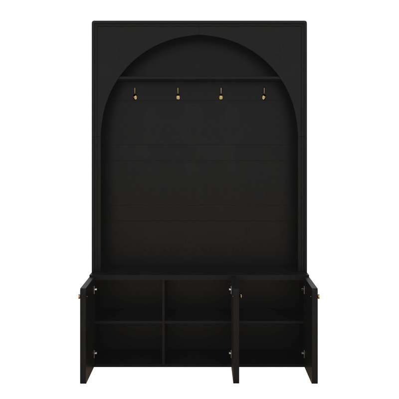 Arched Mudroon Coat Rack With Storage Bench, Hall Tree With 4 Golden Hooks, 3 Cabinets And Adjustable Shelves, Black