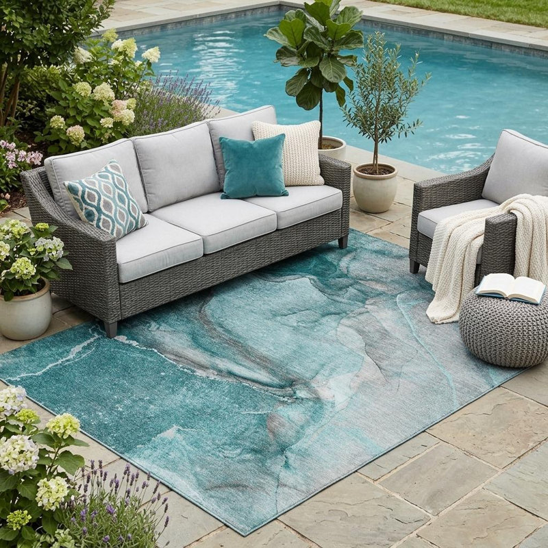 Tapis extérieur lavable antidérapant abstrait bleu sarcelle 5 pi x 8 pi