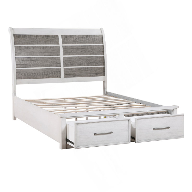 Antique White And Gray Finish Queen Platform Bed With Footboard Storage Classic Design Wooden Furniture 1Pc