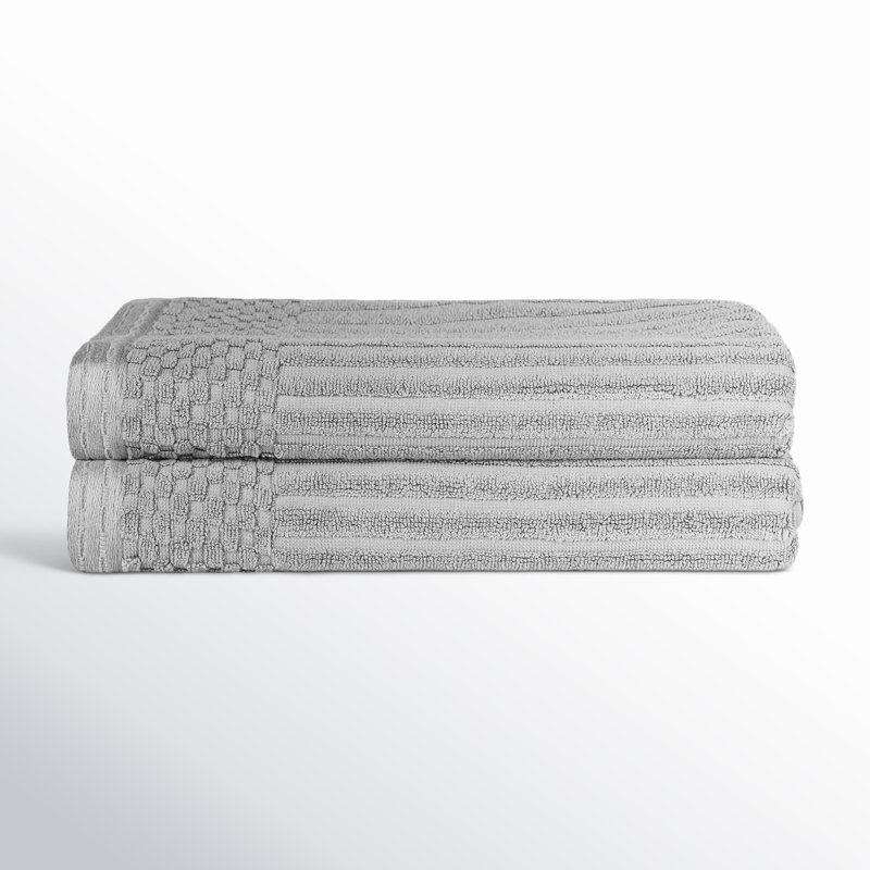 Ruvins Cotton Highly Absorbent Solid and Checkered Border Bath Towel Set, Silver
