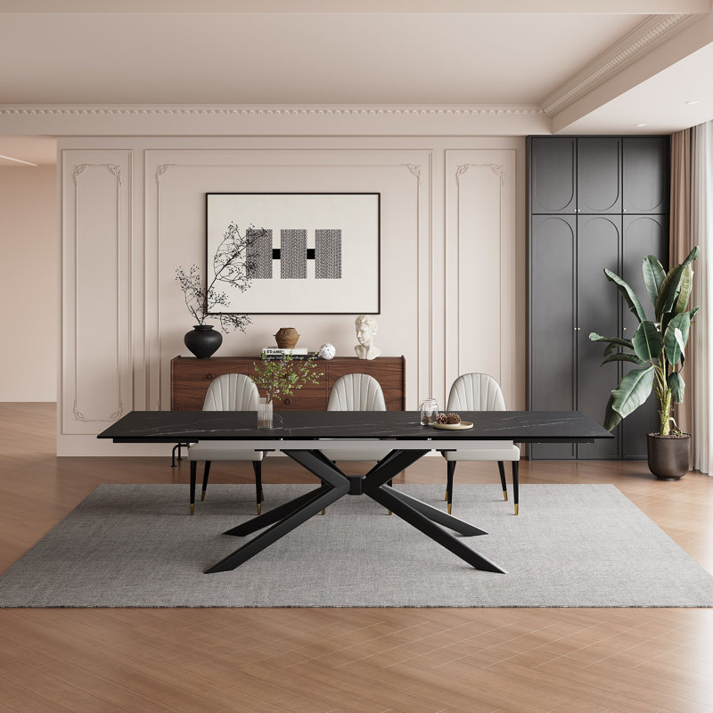 Vetler 9 - Piece 110.23'' Extendable Rectangular Sintered Stone Dining Table with 8 Leather Chairs Dining Set, Black
