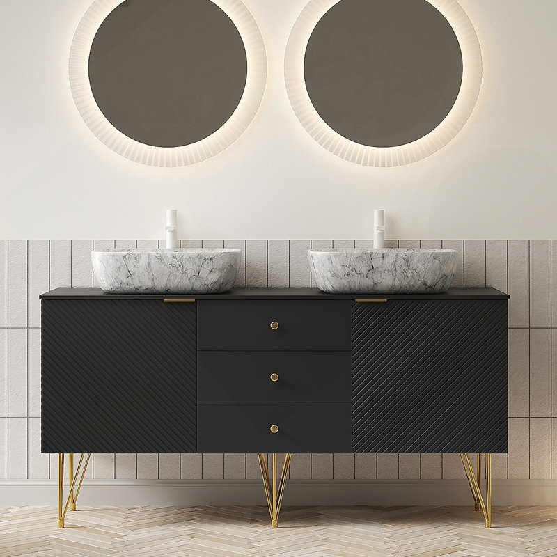 Meuble-lavabo de 60 po avec lavabo, armoire de rangement autoportante en contreplaqué avec pieds dorés, 3 tiroirs et 2 portes, 2 vasques en céramique à motif de marbre blanc et plateau en pierre frittée, noir
