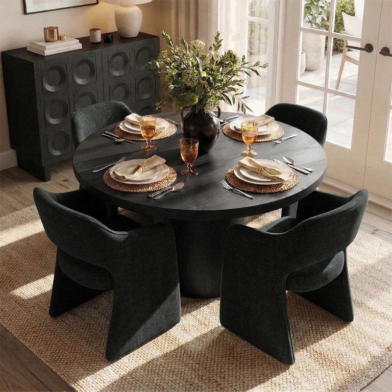 4 - Person Dining Table Sets With Solid Wood Round Table & 4 Upholstered Fabric Chairs, Black, Charcoal
