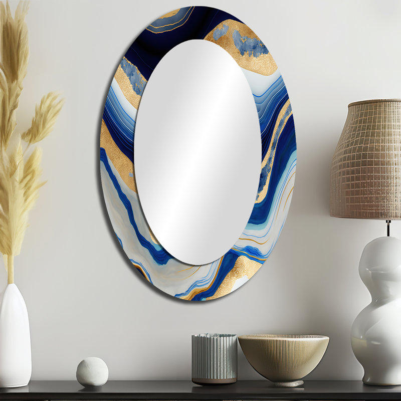Décoration murale vibrante bleue et dorée Flow Art IV - miroir ovale bleu, 36 po x 24 po