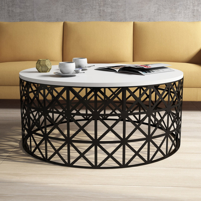 Modern Coffee Table with Wrought Iron Legs, Black & White Geometric Design, 35.4 x 35.4 x 15.0 inches | 100% Melamine Coated Particle Board, Thickness: 0.7 inches | Stylish & Functional for Living Room & Office Spaces