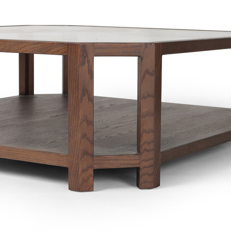 Warm Brown Oak and Glass Square Coffee Table with Shelving