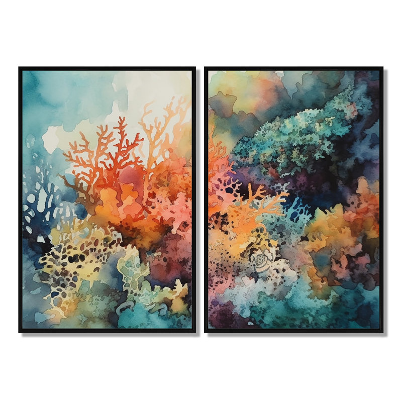 Vibrant Coral Reef I - Beige, reproduction d'art moderne sur toile 2 pièces, 36" H x 48" W, Impression encadrée flottante