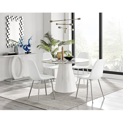 Edzard Statement Round Dining Table Set in Luxury Marble Effect & 4 Faux Leather Dining Chairs