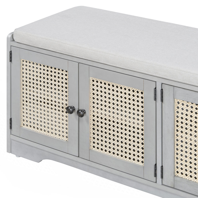 Banc de rangement rustique, banc à chaussures d'entrée avec coussin amovible, Beige / gris délavé