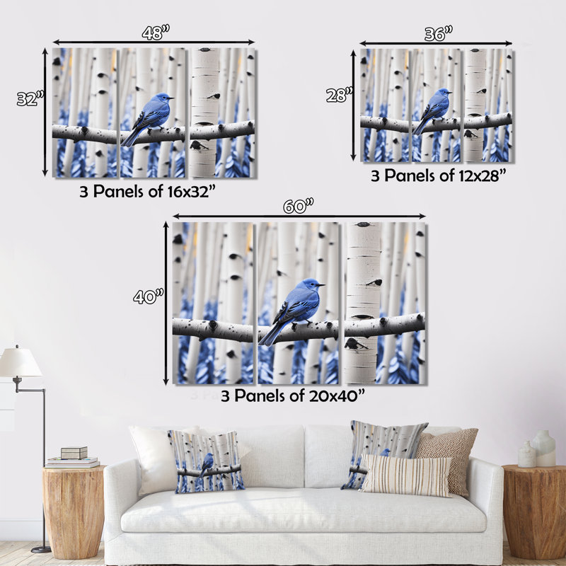 " Monochrome Blue Grey Bird In Forest I " 3 - Pieces, 28" H x 36" W x 1" D