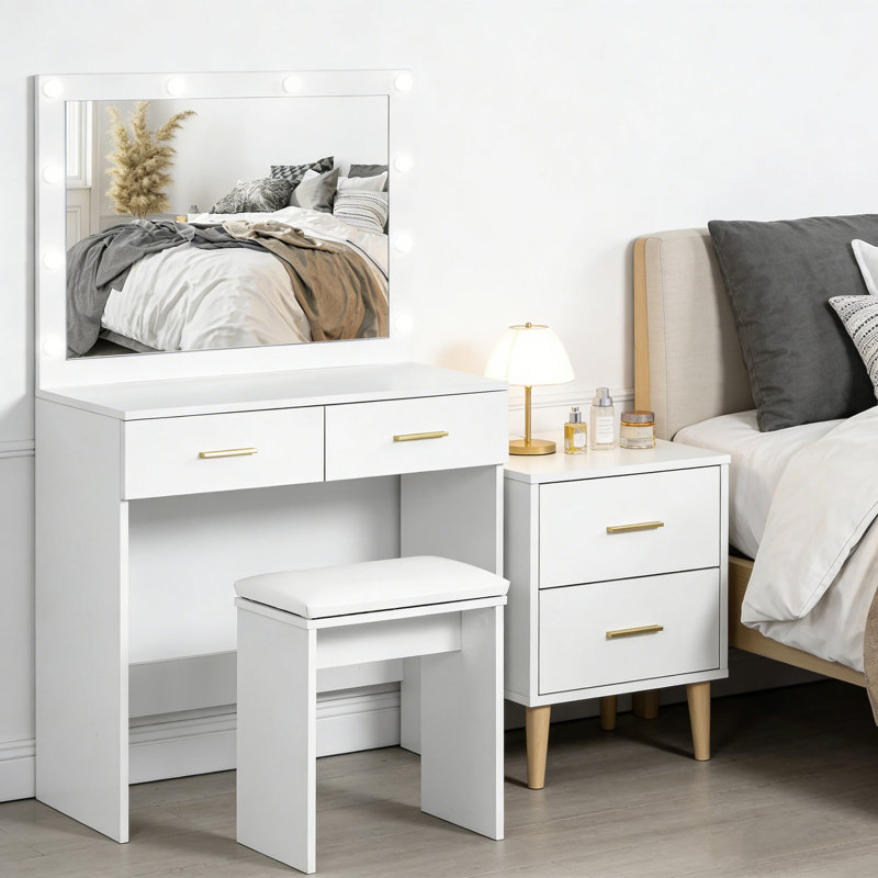 Ensemble de coiffeuse chic avec miroir à DEL et tabouret rembourré, pour le décor de la chambre à coucher (blanc), Blanc