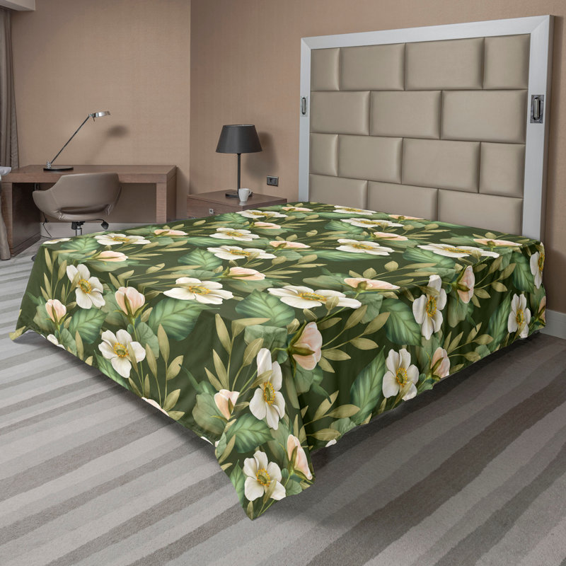 Ambesonne Flowers Flat Sheet Nostalgia Farmhouse, Laurel Green Coconut