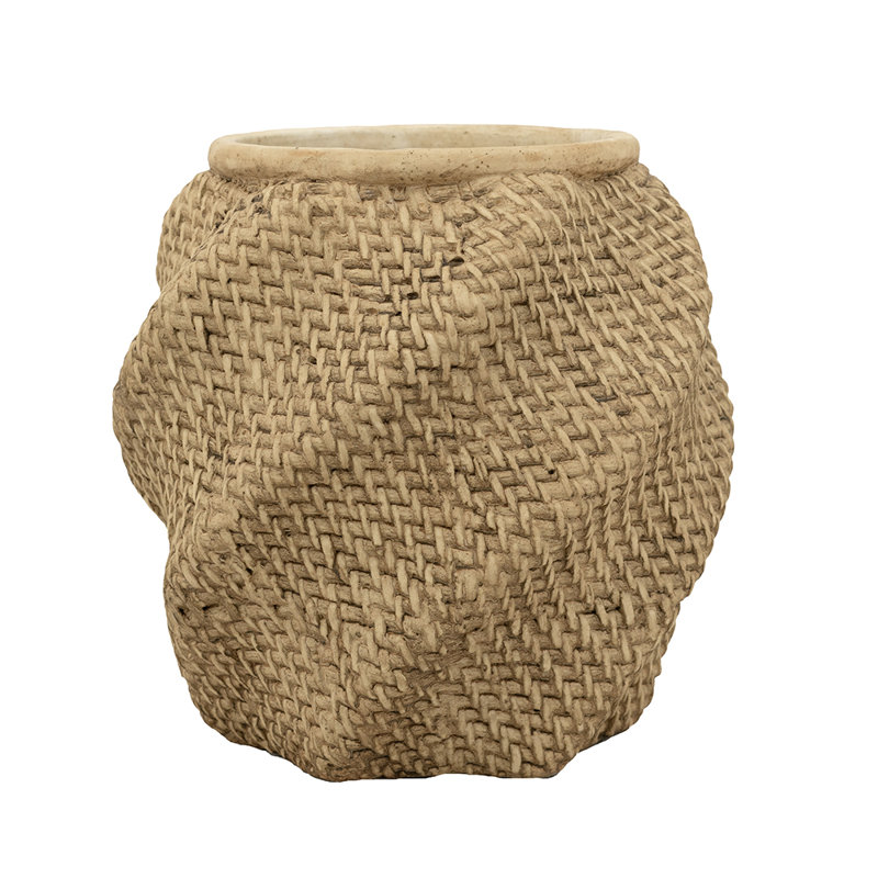 Pot décoratif décoratif sable et ciment brun avec motif tissé complexe, H 10 po x l 10 po x P 9,8 po