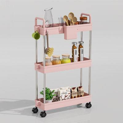 3-Tier Slim Rolling Storage Cart 15.04"W Plastic Utility Organizer 9 Hooks Locking Wheels & Mesh Baskets​​