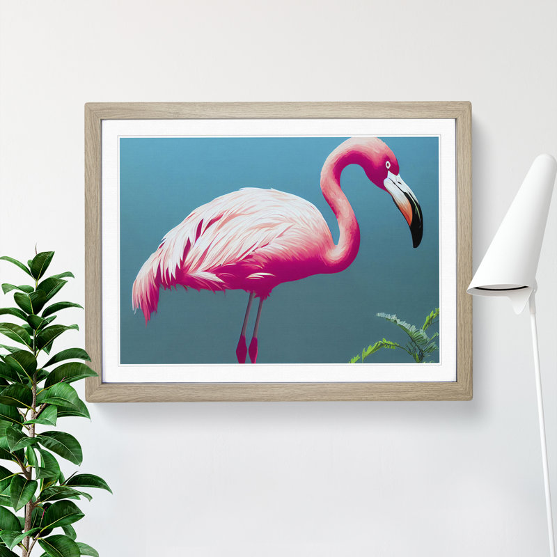 Electrifying Flamingo - Single Picture Frame Painting, 25cm H x 34cm W x 2cm D, Oak